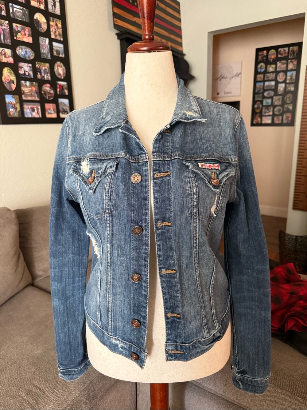 Hudson Jeans Womens Blue Distressed Signature Denim Jacket